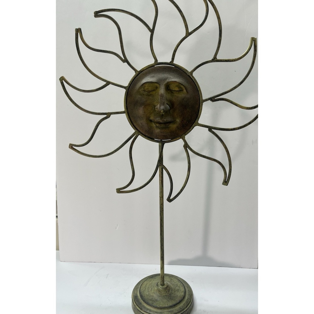 Vintage Celestial Sun Face/Mirror On Stand Metal 24" Home Decor Silver/Green